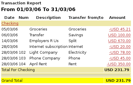 This image shows the Transaction Report for the Checking account during March.