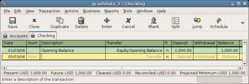 This image shows Assets:Checking - Register after inserting a starting value transaction.