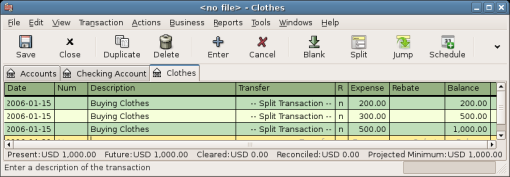 This image shows Expenses:Clothes account in Basic Ledger mode.
