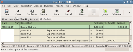 This image shows Expenses:Clothes account in Transaction Journal mode.